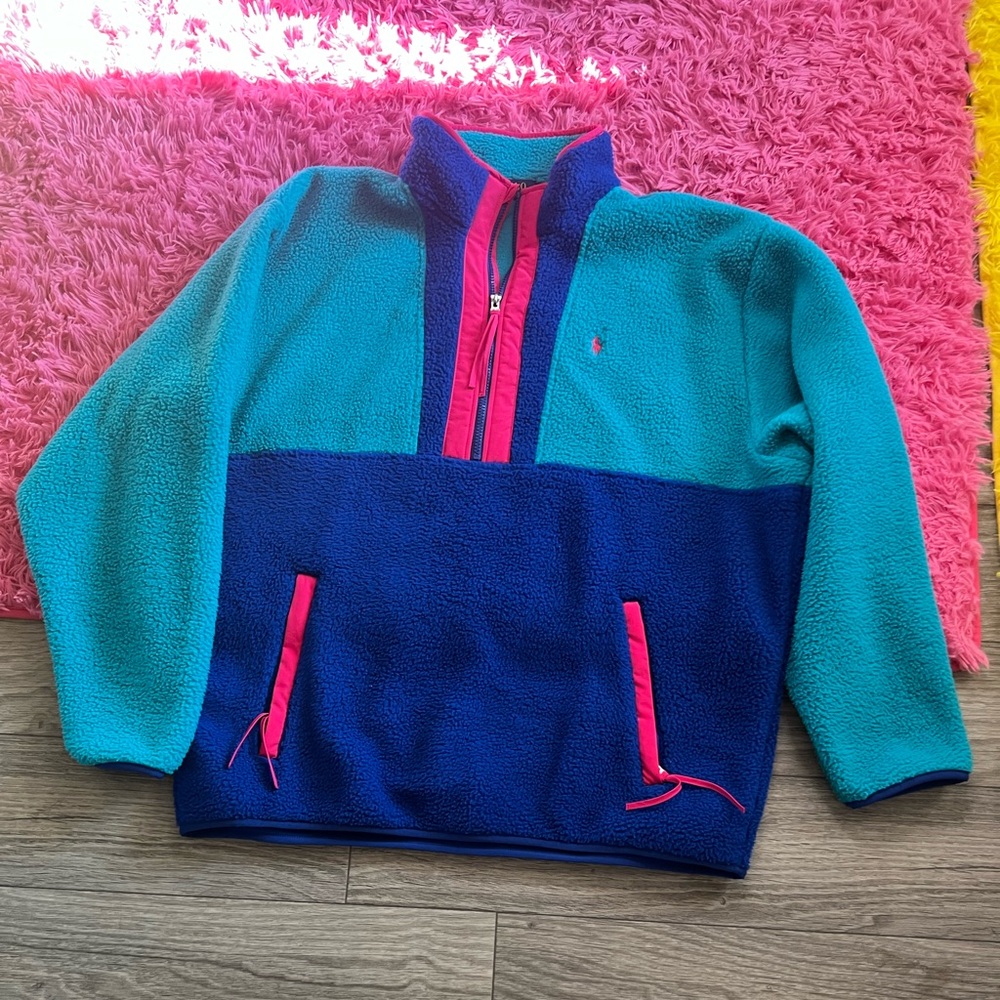 Polo Ralph Lauren Men's Blue and Pink Sweatshirt, half zip